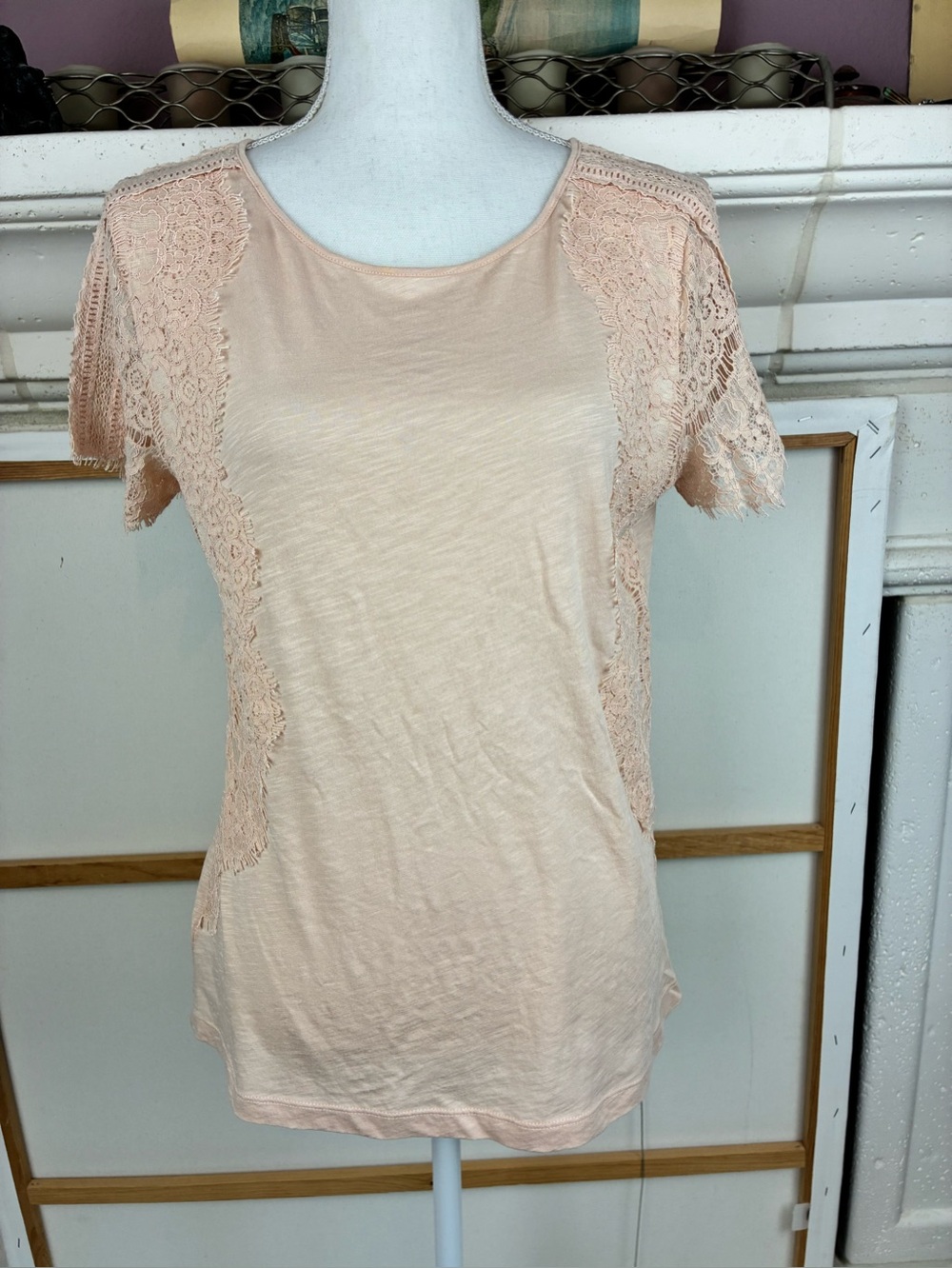 Pretty Feminine Romantic Lacy Short Sleeve Top Blush Peach, lace sleeves